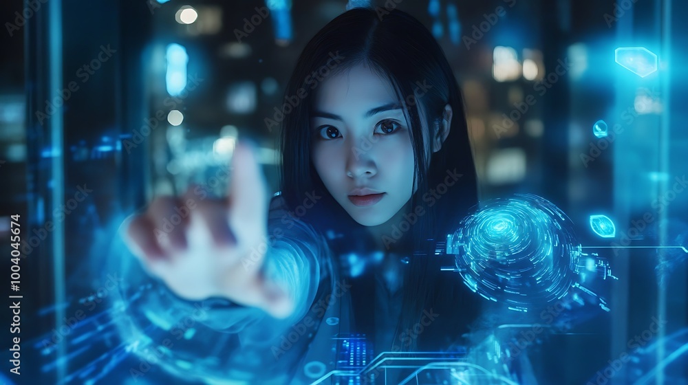 Young Woman Interacting with Futuristic Holographic Interface Young Woman Interacting with Futuristic Holographic Interface