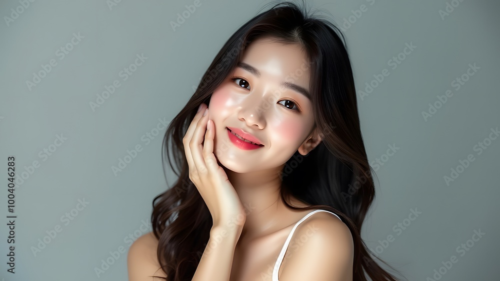 Beauty portrait of a model Japanese woman with beautiful white skin through skin care Beauty portrait of a model Japanese woman with beautiful white skin through skin care