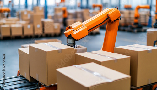 Automated robotic arm organizing cardboard boxes in a warehouse. photo