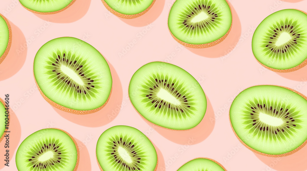 Fototapeta premium Pattern of juicy kiwi slices on a pastel pink background