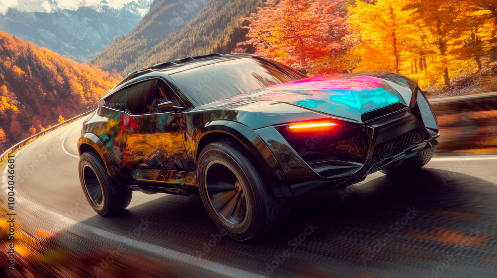 Naklejka premium Futuristic vehicle painted in a metallic color driving down autumn mountain road.