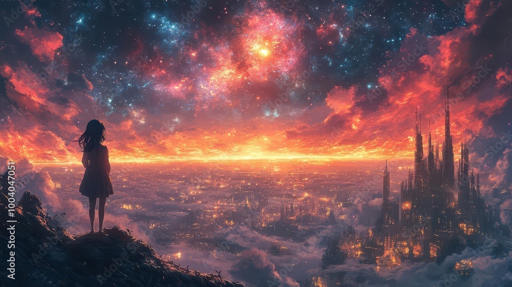 Fototapeta premium a stunning anime girl gazing at the universe surrounded by cosmic elements and futuristic technology rendered in vibrant colors that evoke a sense of wonder and adventure in a scifi setting