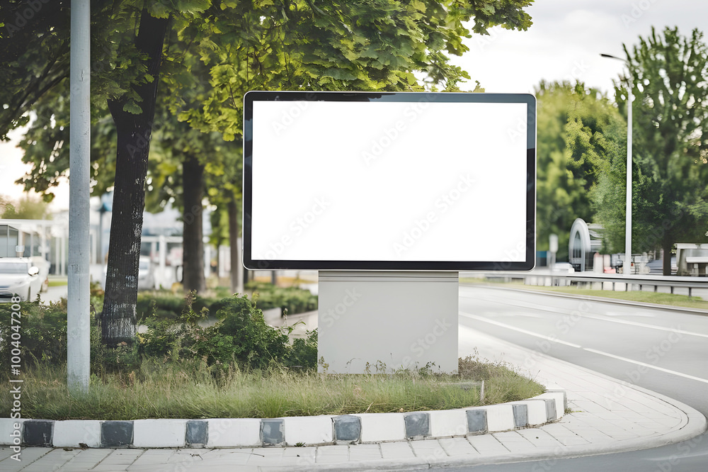 display blank clean empty white screen or signboard mockup for offer or advertisement on a quiet street. Evening marketing and city life concept display blank clean empty white screen or signboard mockup for offer or advertisement on a quiet street. Evening marketing and city life concept
