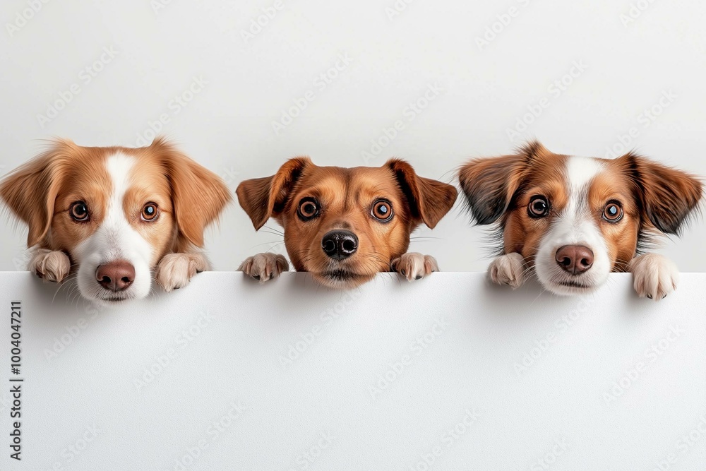 Three adorable dogs peeking over a white surface, showcasing their curious expressions and distinct features. Three adorable dogs peeking over a white surface, showcasing their curious expressions and distinct features.