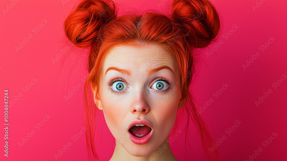 Fototapeta premium Portrait of surprised woman with red hair showing emotions on pink background