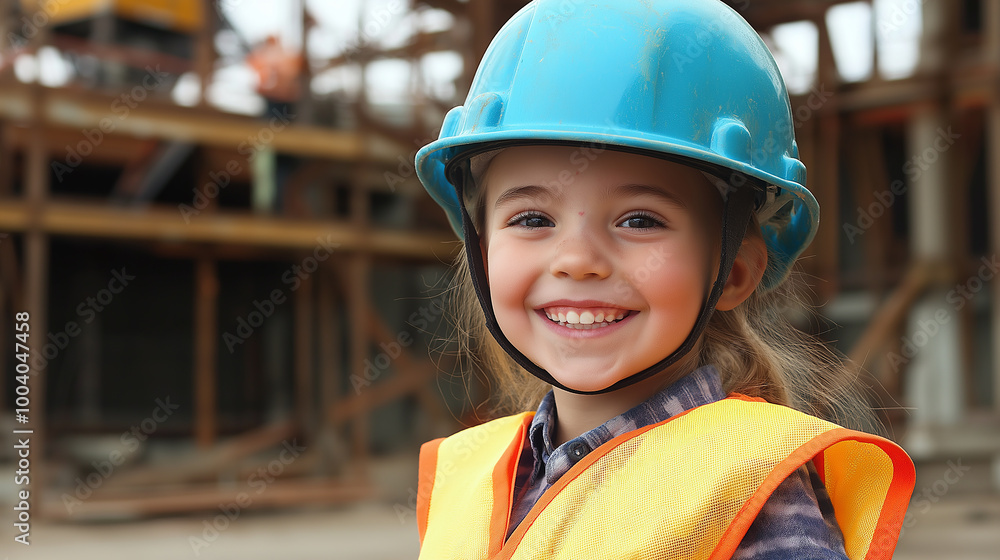 Little girl wearing blue hard hat and safety vest smiling at construction site Little girl wearing blue hard hat and safety vest smiling at construction site