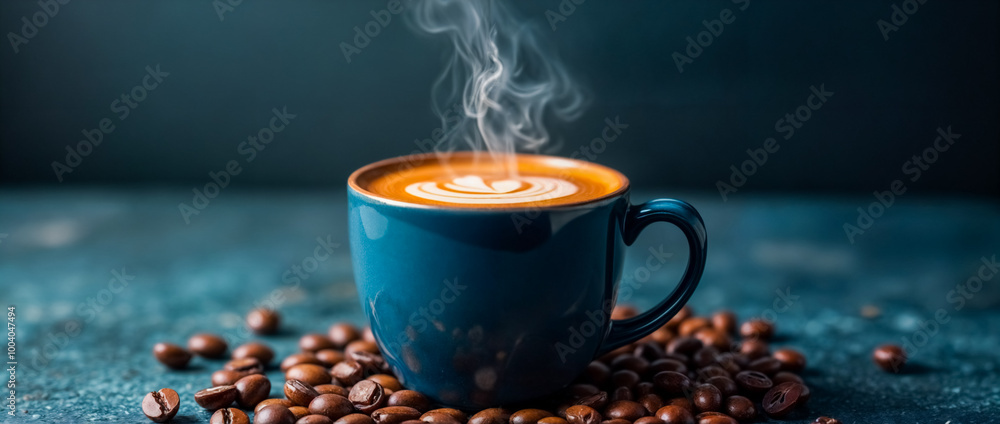 Cappuccino con Schiuma Decorata e Chicchi di Caffè su Tavolo Blu