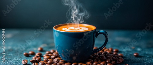 Obraz na płótnie Cappuccino con Schiuma Decorata e Chicchi di Caffè su Tavolo Blu w salonie