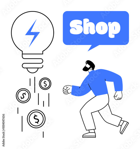 Man running towards a Shop sign with falling coins and a light bulb. Ideal for online shopping, e-commerce, business, innovation, and finance. Simple vector, blue and black colours