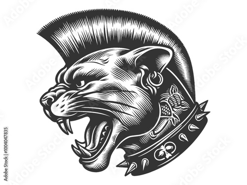 Punk roaring panther tattoo design. Featuring a mohawk, piercings, and a spiked collar sketch engraving generative ai vector illustration. Scratch board imitation. Black and white image.