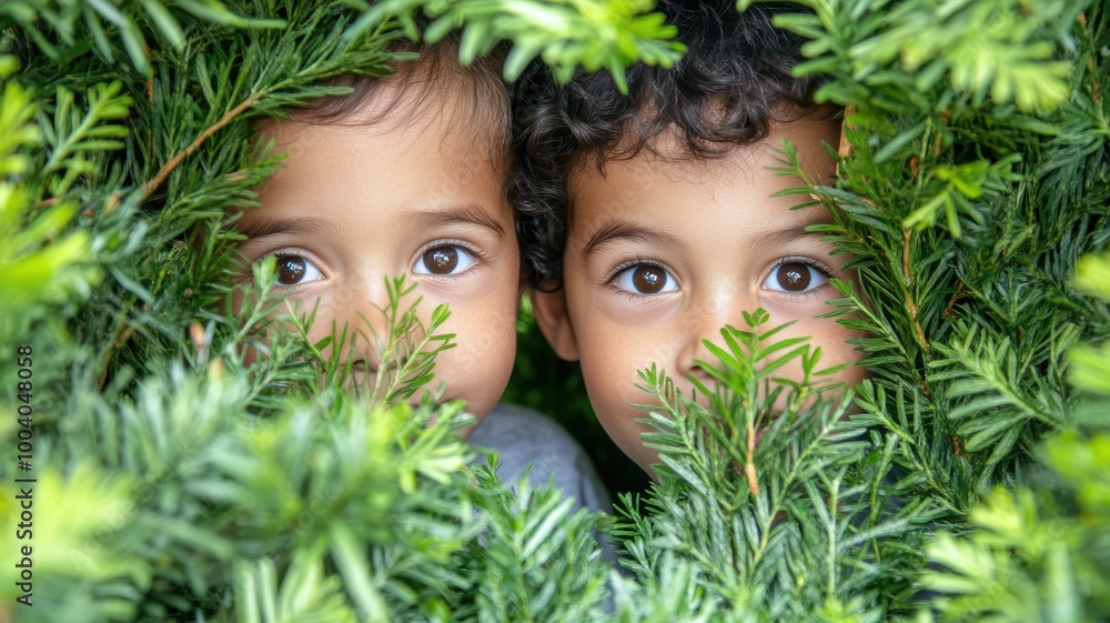 Two smiling children peeking through lush green foliage. Two smiling children peeking through lush green foliage.