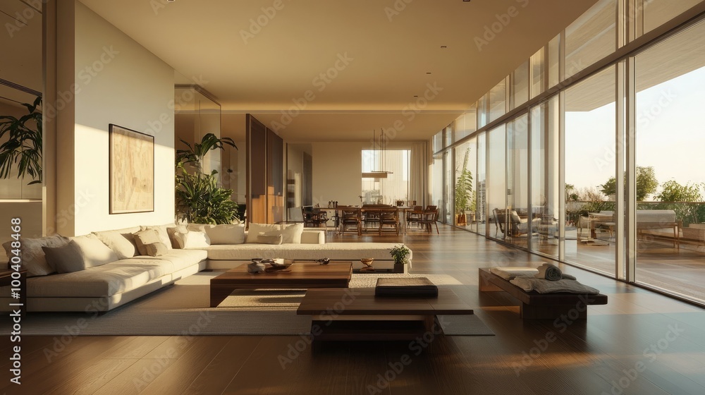 Fototapeta premium Modern living room with minimalist furniture and clean lines, leaving ample space for text.