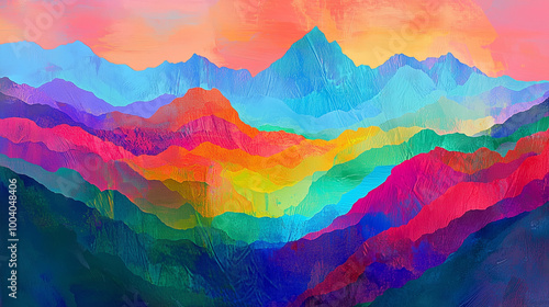 An illustration of majestic rainbow-colored mountains rising against a clear sky, symbolizing LGBTQ pride and diversity. The vibrant hues reflect unity and strength.