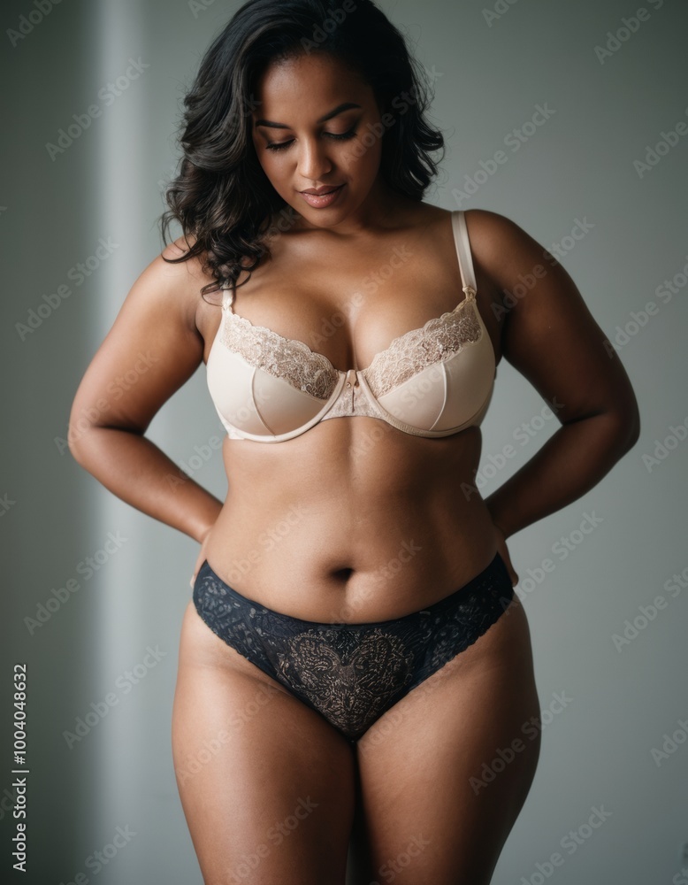 Fototapeta premium Curvy Woman in Beige and Black Lingerie