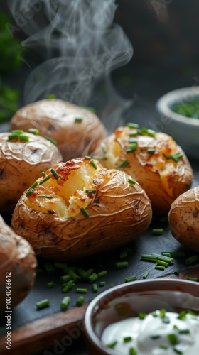 A close-up of steaming hot baked potatoes topped with melting cheese and freshly chopped chives, presented on a slate board. photo