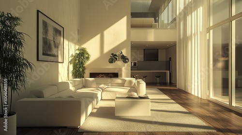 Open-plan living room with a modern  minimalist design and neutral tones  leaving room for copy.