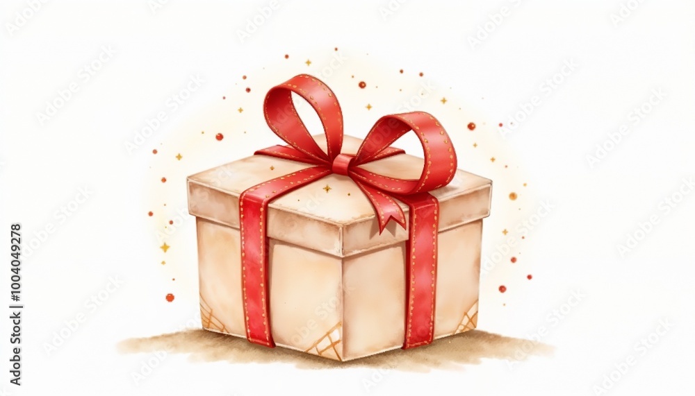 Gift box with a red ribbon and decorative sparkles for holiday celebration concept Gift box with a red ribbon and decorative sparkles for holiday celebration concept