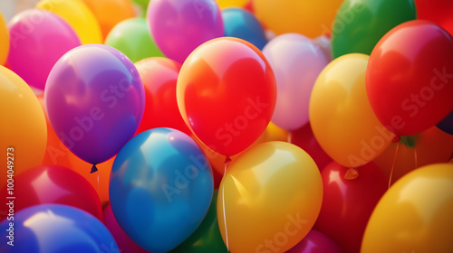 An illustration of a cluster of rainbow-colored balloons floating joyfully against a bright blue sky, symbolizing LGBTQ pride and celebration. The vibrant colors represent love, diversity, and unity.