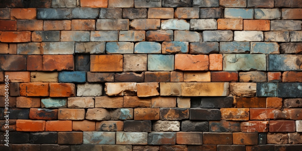 Obraz premium A Tapestry of Time A weathered brick wall displays the passage of time through its worn and colorful bricks, each one a testament to the endurance of its material and the stories it holds.