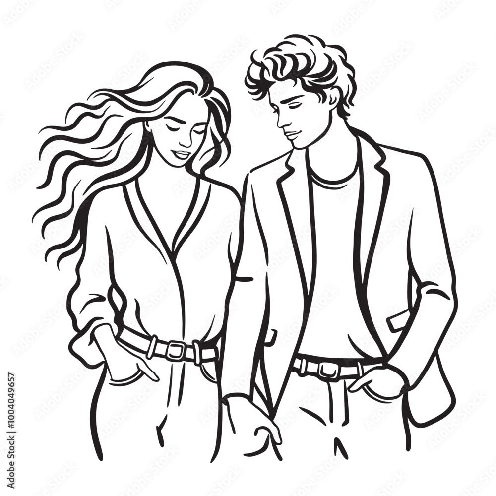 Girl and Boy together holding hands, couple in love man and woman. Outline, monochrome black line art. Vector illustration Girl and Boy together holding hands, couple in love man and woman. Outline, monochrome black line art. Vector illustration