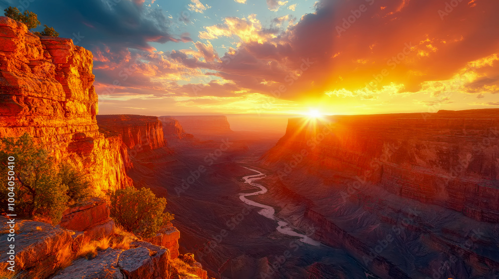 Fototapeta premium Sunset with fiery sky illuminating canyon cliffs and a winding river, creating a dramatic atmosphere