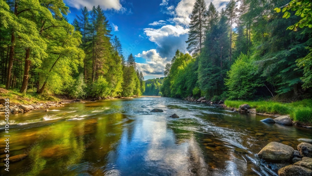 Wide-angle view of a wild river flowing through a lush forest in summer Wide-angle view of a wild river flowing through a lush forest in summer