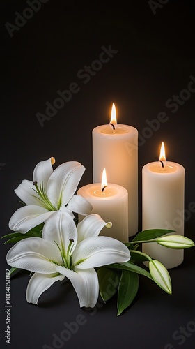 A stunning arrangement of white lilies paired with burning candles against a black backdrop, providing a tranquil atmosphere and ample space for text and design elements