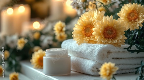 a tranquil arrangement of a yellow chrysanthemum flower cosmetic cream jar and towel on a white wooden surface evokes a sense of calm and beauty ideal for beauty branding