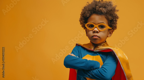 Young boy, kid in a superhero costume, standing confidently, vibrant colors. Concept: child in a hero cape showing confidence, strength, imagination, dreams and skills. photo