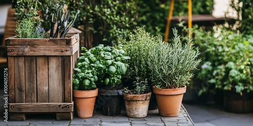 A variety of potted herbs and plants sitting on a patio, with a wooden box and gardening tools in the background.