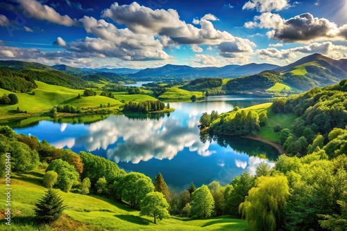 Wide-angle view of peaceful landscape with verdant hills and serene lake