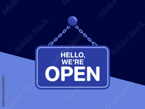 Blue open sign illustration with 'Hello, we're open' text
