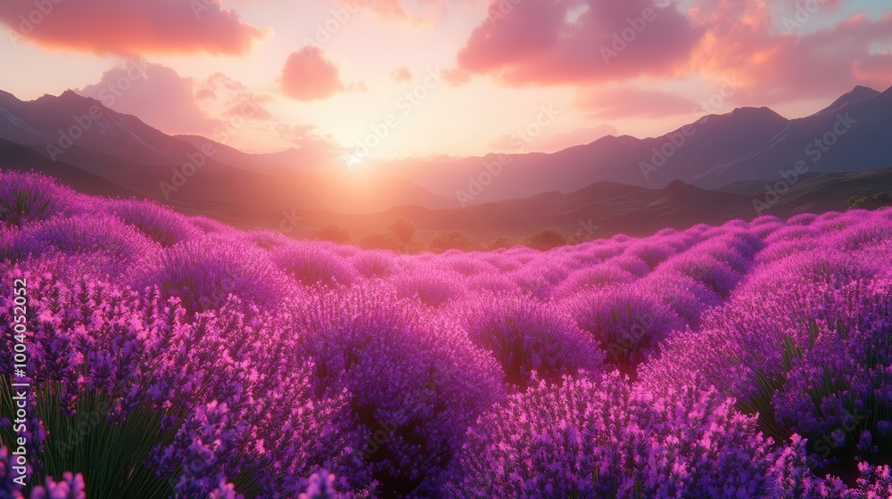 Fototapeta premium a vast field of lavender flowers under a soft pink sky the delicate blooms swaying gently in the breeze creating a calming and enchanting landscape