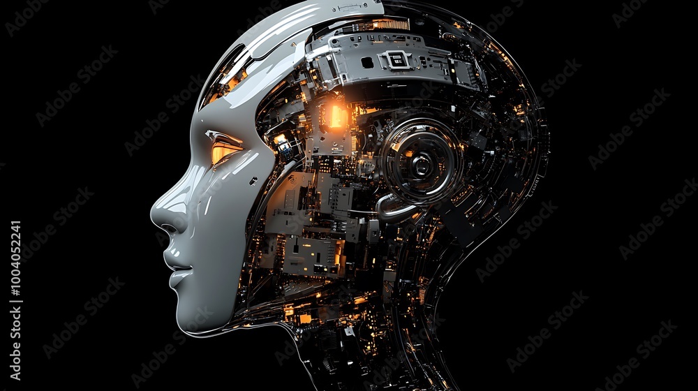 Futuristic Robot Face with Intricate Circuitry and Glowing Elements for Technology Enthusiasts Futuristic Robot Face with Intricate Circuitry and Glowing Elements for Technology Enthusiasts