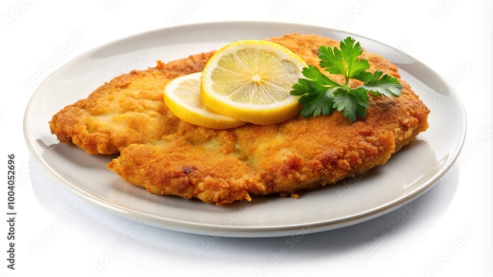 Wiener schnitzel with lemon on white plate isolated on white background Wiener schnitzel with lemon on white plate isolated on white background