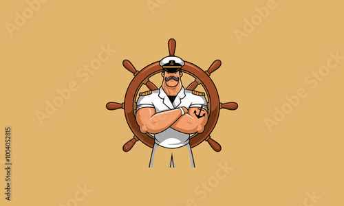 Serious captain in uniform standing before a ship wheel.