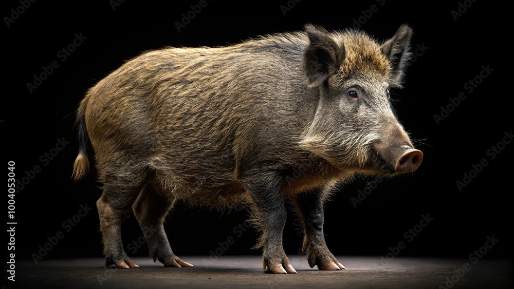 Wild boar contour isolated on dark background with shallow depth of field