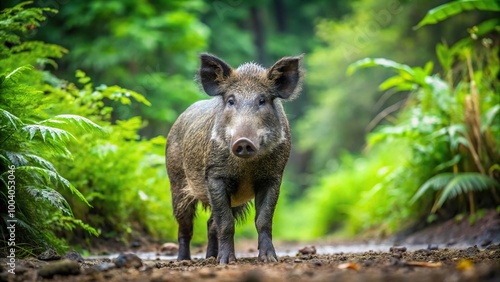 Wild boar in jungle with tilted angle on wet ground surrounded by greenery