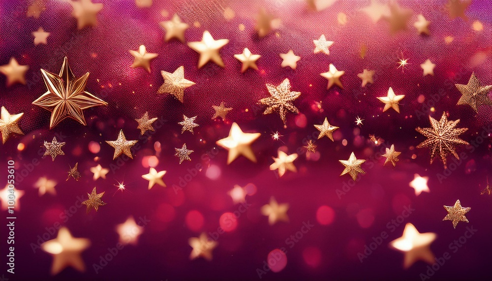 Christmas Background: A deep crimson background with glowing golden stars and frosty snowflake. Christmas Background: A deep crimson background with glowing golden stars and frosty snowflake.
