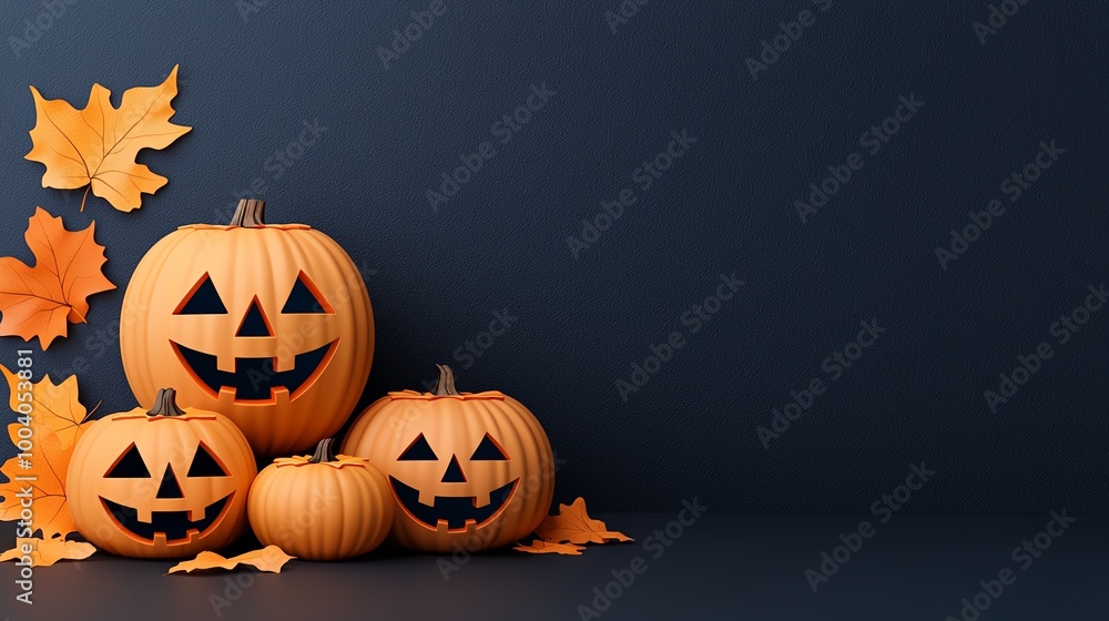 Three carved Halloween pumpkins with smiling faces surrounded by autumn leaves on a dark background. Three carved Halloween pumpkins with smiling faces surrounded by autumn leaves on a dark background.
