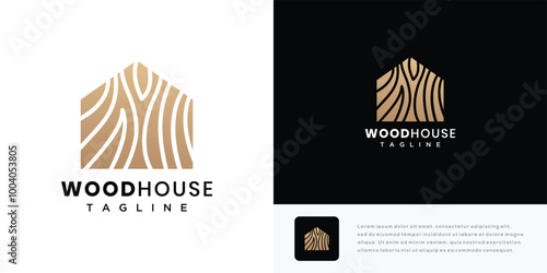 Wooden house logo design vector illustration. House wood grain texture logo icon.