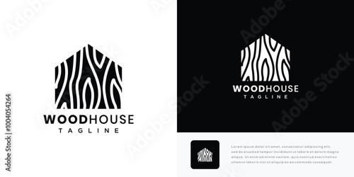 Wooden house logo design vector illustration. House wood grain texture logo icon.