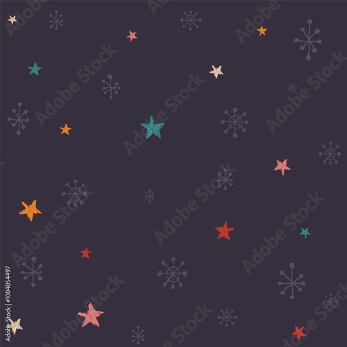 Stars and snowflakes hand drawn childish style with night sky background graphic illustration. Merry Christmas greeting card square template.