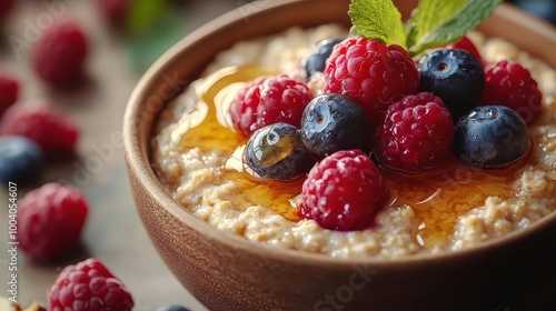 a warm bowl of oatmeal topped with fresh berries and a drizzle of honey inviting comfort and nourishment set against a soft neutral backdrop that enhances its homely appeal