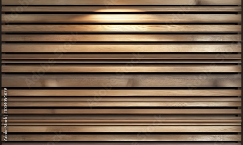  Wooden wall. Texture of wood panels. Pattern of slats with horizontal stripes. Modern interior fences and partitions used in architecture. Cladding from boards is a building material. 