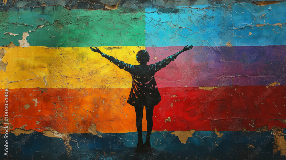 Obraz premium An illustration of woman standing against a rainbow-colored background, symbolizing LGBTQ pride, diversity and freedom.