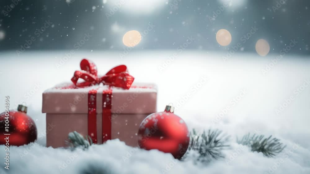 Christmas gift with a red ribbon is laying on the snow, surrounded by christmas decorations and fir branches. The snow is falling and the background is blurred Christmas gift with a red ribbon is laying on the snow, surrounded by christmas decorations and fir branches. The snow is falling and the background is blurred