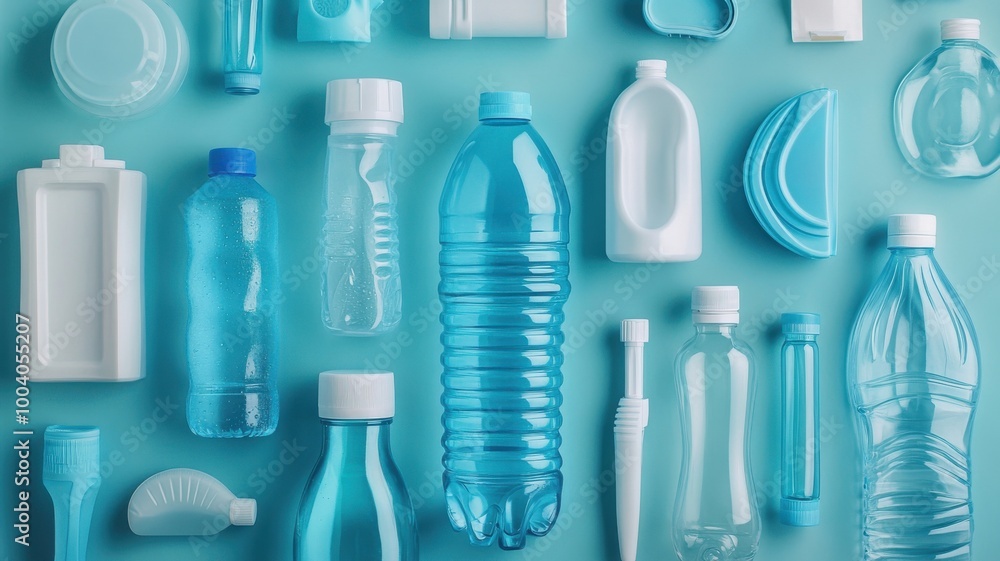 Variety of blue plastic bottles on a turquoise background, eco-friendly concept. Variety of blue plastic bottles on a turquoise background, eco-friendly concept.