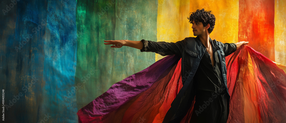 Fototapeta premium An illustration of man holing a rainbow-colored cloth, symbolizing LGBTQ pride, diversity and freedom.