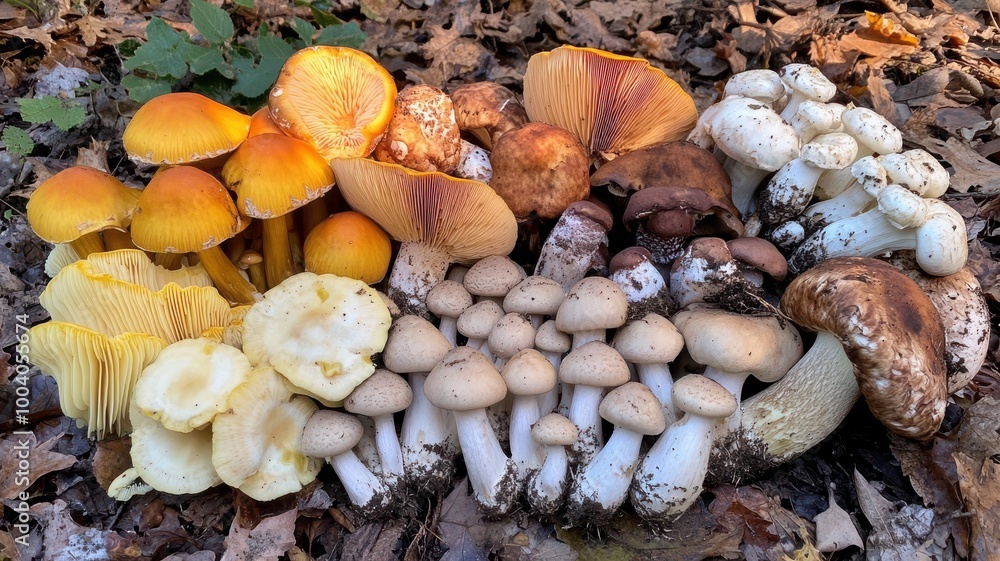 Variety of mushrooms displayed on a forest floor, showcasing unique shapes and colors. Variety of mushrooms displayed on a forest floor, showcasing unique shapes and colors.